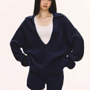Navy Blue Knit Top & Shorts Set